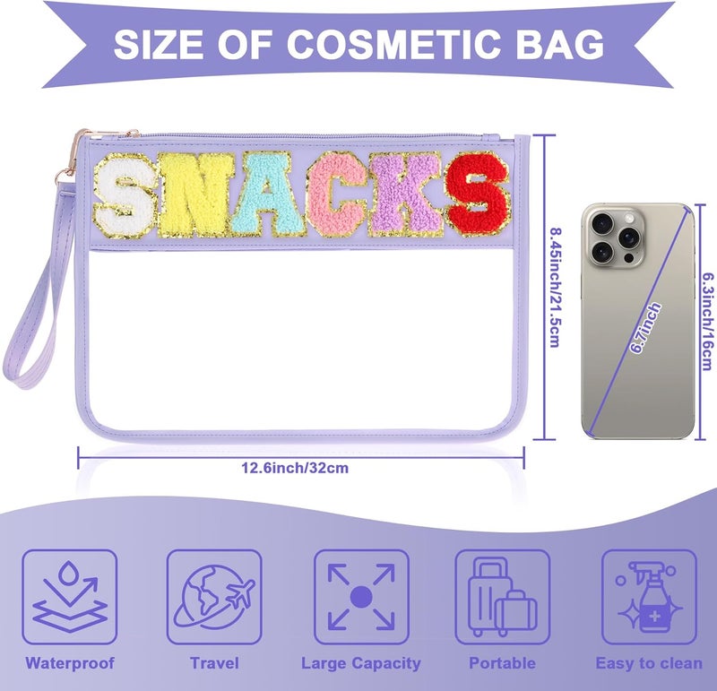 TESAFNG Snack Bag for Travel - Clear Chenille Varsity Letter Flat Pouch with Zipper, 12.2×8.46 inch Waterproof Clear Nylon Preppy Patch Makeup Cosmetic tote Bags for Women Girls - Image 2
